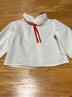 Vintage White unisex Long-Sleeve Peasant Top with Red Tie size 24 months